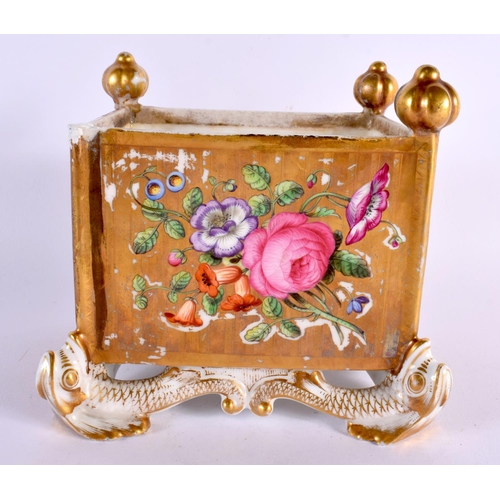 154 - A RARE EARLY 19TH CENTURY ENGLISH PORCELAIN SQUARE FORM PLANTER painted with roses, upon mythical fi... 