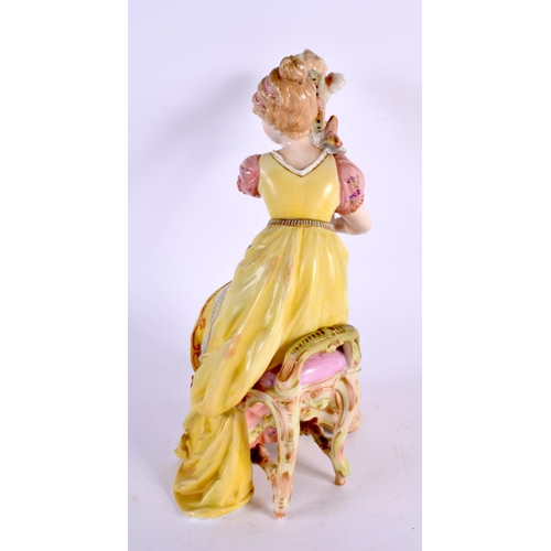 164 - A CONTINENTAL PORCELAIN FIGURE OF A GIRL AND HARP. 22 cm x 14 cm.