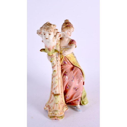 164 - A CONTINENTAL PORCELAIN FIGURE OF A GIRL AND HARP. 22 cm x 14 cm.