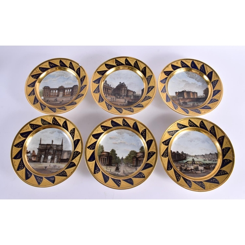 181 - A FINE SET OF SIX EARLY 19TH CENTURY FRENCH PARIS PORCELAIN PLATES painted with assorted scenes. 22 ... 