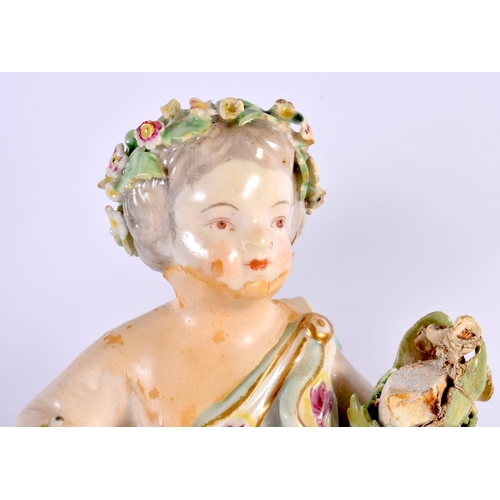 189 - A PAIR OF 18TH CENTURY DERBY PORCELAIN FIGURES OF PUTTI modelled seated upon floral encrusted seats.... 