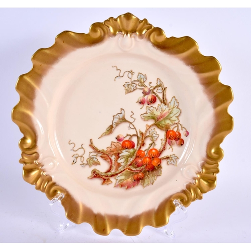 191 - Royal Worcester pair of shaped dishes and a matching plate painted with fruit outlined with raised g... 