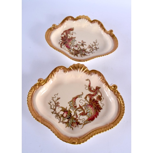 191 - Royal Worcester pair of shaped dishes and a matching plate painted with fruit outlined with raised g... 