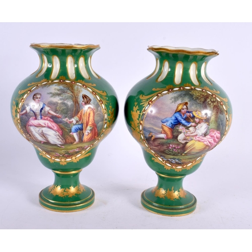 193 - Mid 19th century Coalport fine pair of vases in Sevres style painted with Wattuesque of young lovers... 