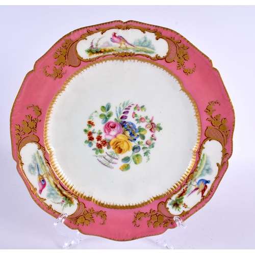 197 - 18th century Coalport plate painted with flowers under a rose pompadour border, the flowers by Wm Co... 