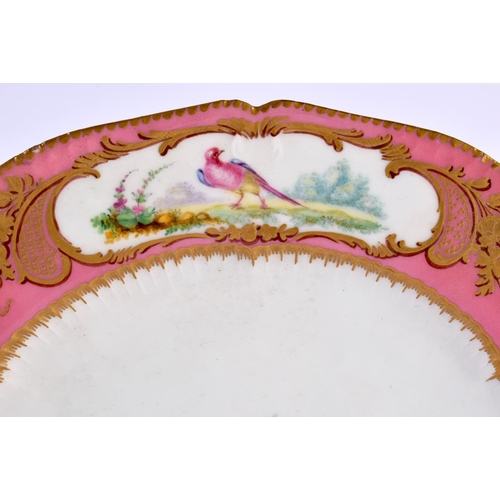 197 - 18th century Coalport plate painted with flowers under a rose pompadour border, the flowers by Wm Co... 