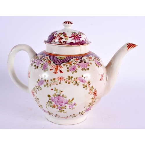 199 - 18th c. Lowestoft teapot and cover painted with a Curtis type pattern. 16cm high.