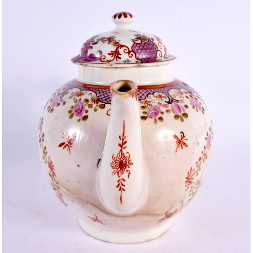 199 - 18th c. Lowestoft teapot and cover painted with a Curtis type pattern. 16cm high.