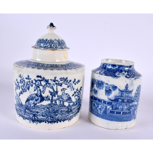 201 - Early 19th century Pearlware tea canister and cover, another lacking cover, a blue and white pottery... 