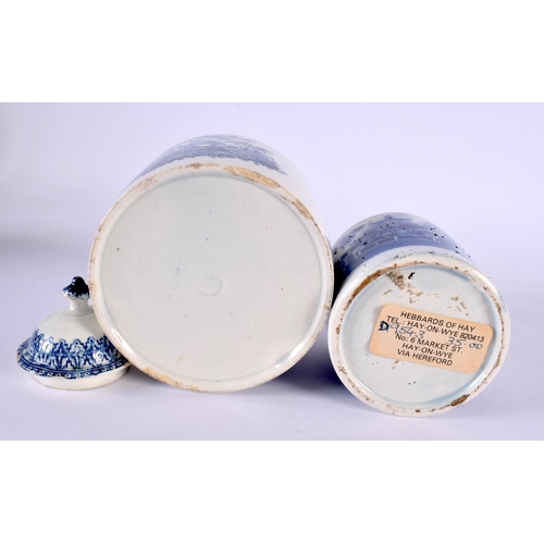 201 - Early 19th century Pearlware tea canister and cover, another lacking cover, a blue and white pottery... 