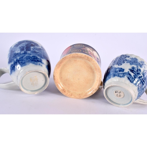 201 - Early 19th century Pearlware tea canister and cover, another lacking cover, a blue and white pottery... 