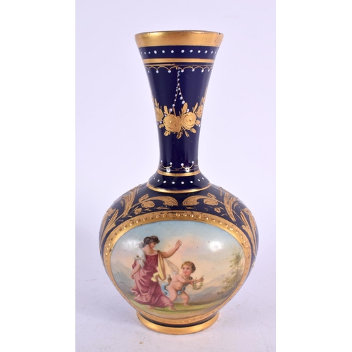 204 - 19th century Vienna vase painted with a scene on a blue ground. 14.5cm high.