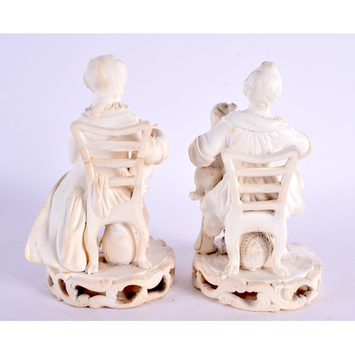 208 - Early 19th century Derby biscuit pair of figures of a boy with a dog and a girl with a cat. 13.5cm h... 