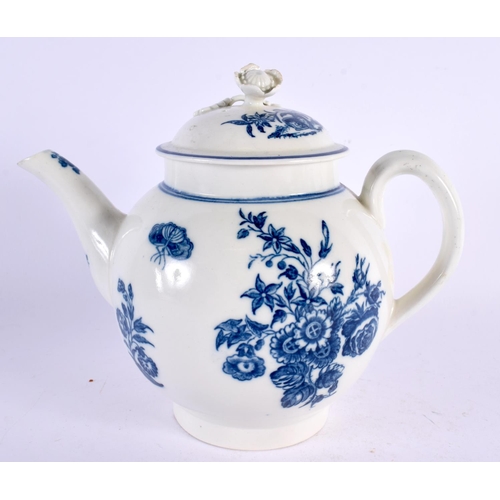 210 - Caughley good teapot and cover printed in blue with flowers S mark. 16.5cm high.