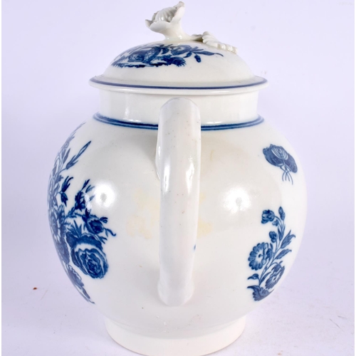 210 - Caughley good teapot and cover printed in blue with flowers S mark. 16.5cm high.