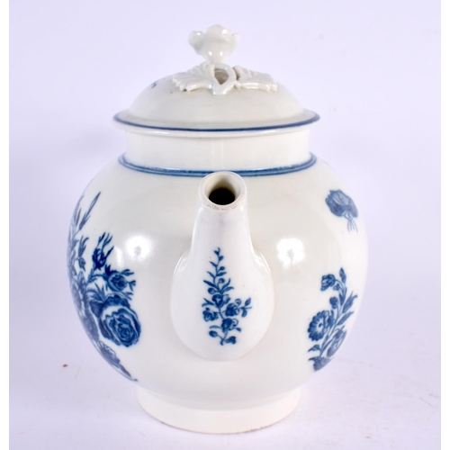 210 - Caughley good teapot and cover printed in blue with flowers S mark. 16.5cm high.