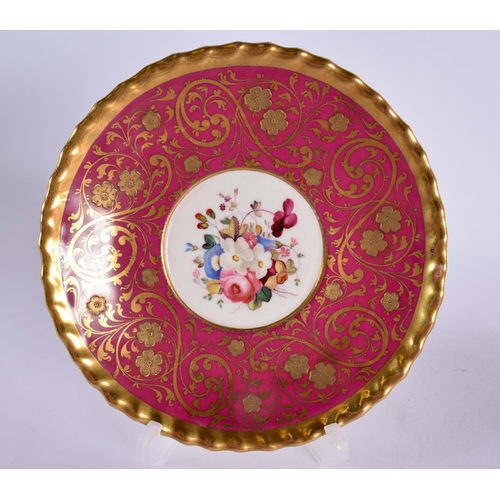 221 - Early 19th century Chamberlain coffee cup and saucer painted with flowers on a crimson and raised gi... 