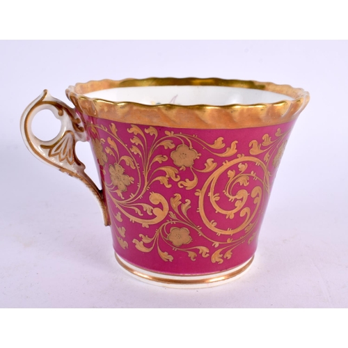 221 - Early 19th century Chamberlain coffee cup and saucer painted with flowers on a crimson and raised gi... 