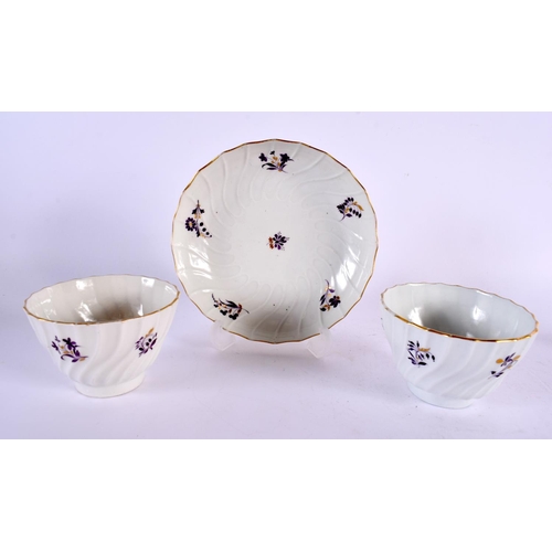 223 - Late 18th century Flight Barr shankered cups and saucers or trios and a plain blue and gilt teabowl ... 