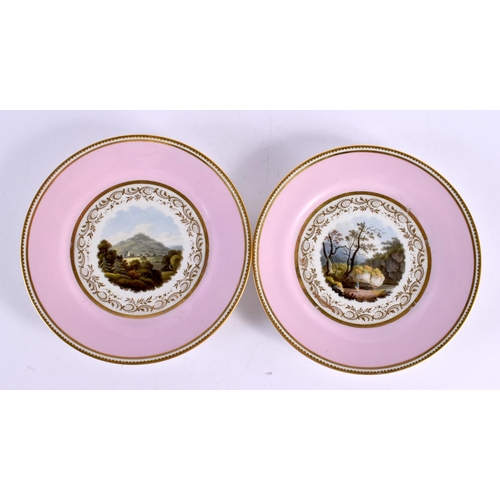 229 - Flight Barr and Barr pair of pink boardered plates painted with titled scenes. 20.5cm in diameter. (... 