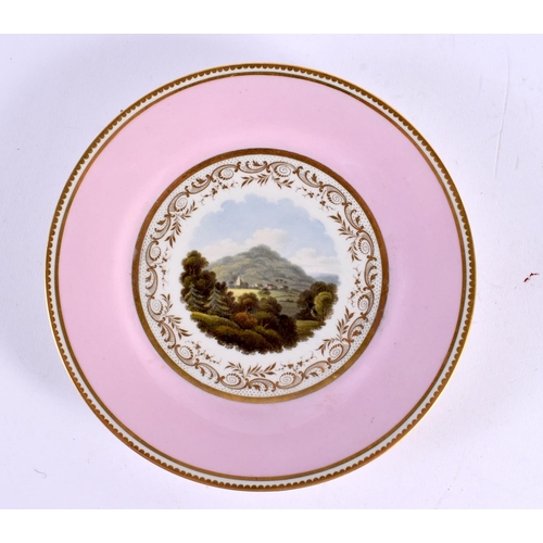 229 - Flight Barr and Barr pair of pink boardered plates painted with titled scenes. 20.5cm in diameter. (... 