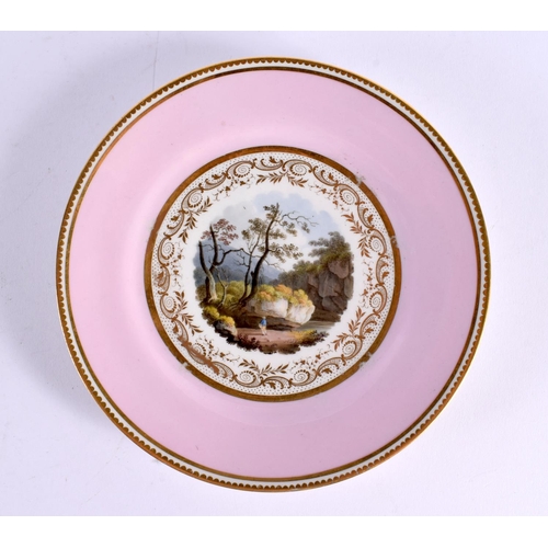 229 - Flight Barr and Barr pair of pink boardered plates painted with titled scenes. 20.5cm in diameter. (... 