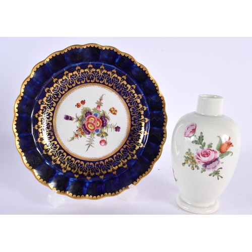 230 - 18th century Worcester tea canister with coloured flowers and a Worcester plate painted with flowers... 