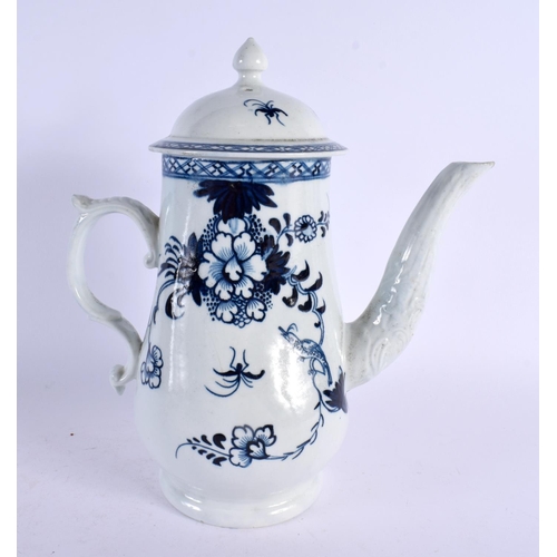 235 - 18th century Liverpool coffee pot and cover painted in blue with the bird in branches. 24cm high.