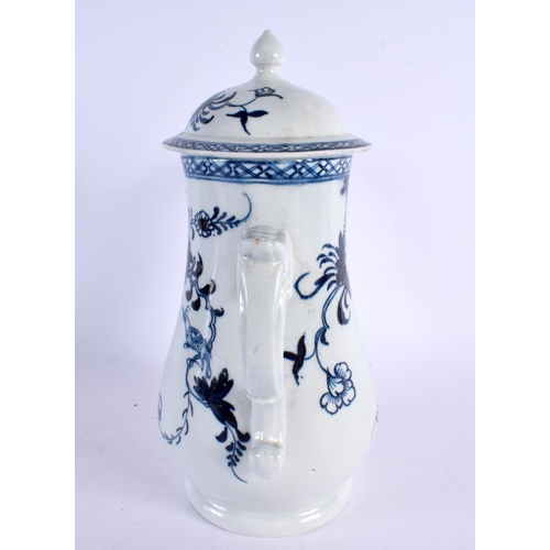 235 - 18th century Liverpool coffee pot and cover painted in blue with the bird in branches. 24cm high.