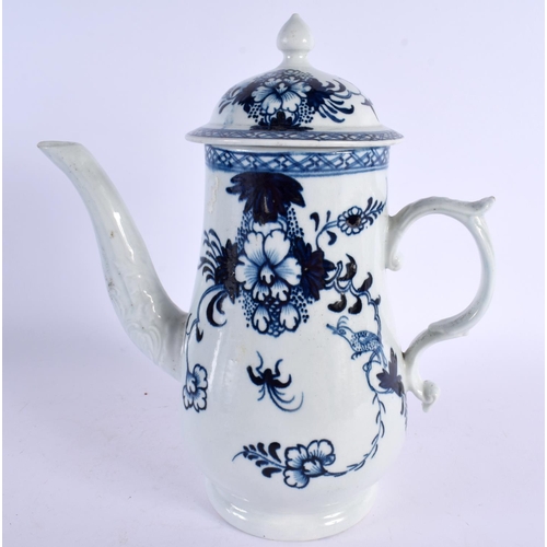 235 - 18th century Liverpool coffee pot and cover painted in blue with the bird in branches. 24cm high.