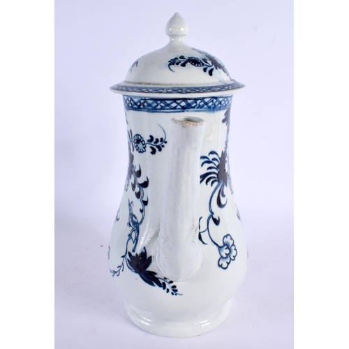 235 - 18th century Liverpool coffee pot and cover painted in blue with the bird in branches. 24cm high.