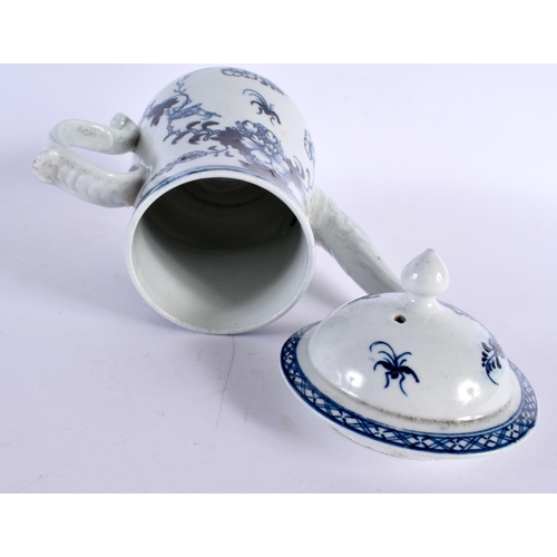 235 - 18th century Liverpool coffee pot and cover painted in blue with the bird in branches. 24cm high.