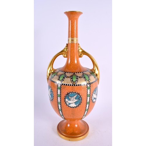 241 - Royal Worcester two handled art deco style vase painted with birds in circular panel on a bright ora... 