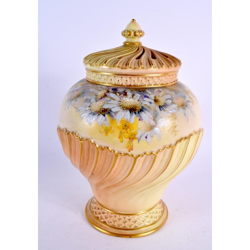 244 - Royal Worcester blush ivory pot pourri vase and cover enamelled with white flowers. 20cm high.