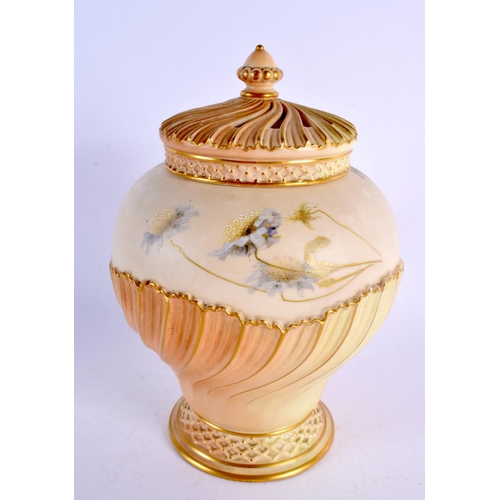 244 - Royal Worcester blush ivory pot pourri vase and cover enamelled with white flowers. 20cm high.