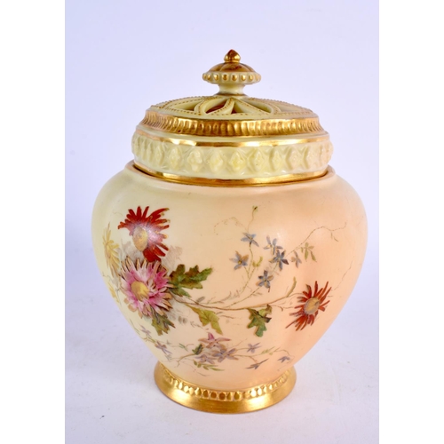 245 - Royal Worcester blush ivory pot pourri vase and cover painted and gilded with flowers. 13.5cm high.