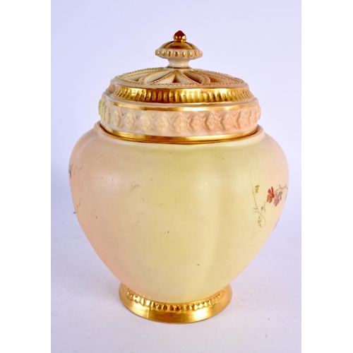 245 - Royal Worcester blush ivory pot pourri vase and cover painted and gilded with flowers. 13.5cm high.