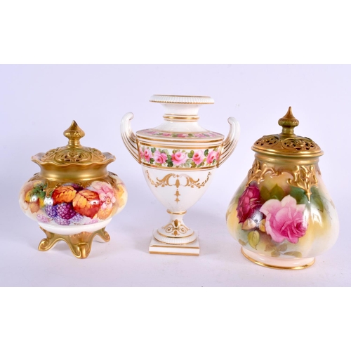 246 - Royal Worcester vase and cover painted with roses, a four footed vase and cover painted with autumna... 