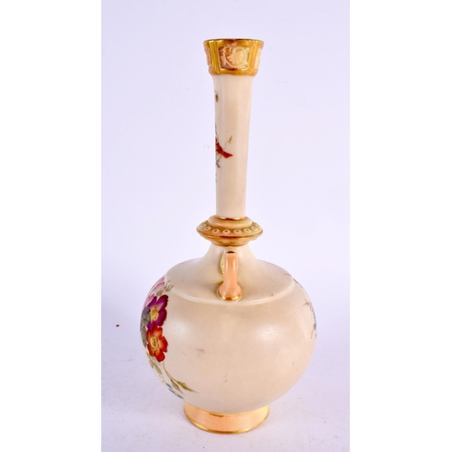 248 - Royal Worcester blush ivory two handled vase painted and gilded with flowers. 18cm high.