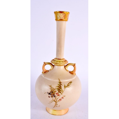 248 - Royal Worcester blush ivory two handled vase painted and gilded with flowers. 18cm high.