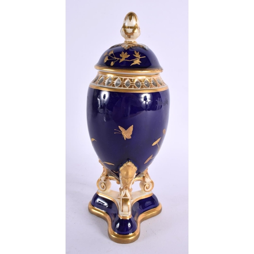 250 - Graingers Worcester vase and cover with cobalt blue ground decorated with raised gilt ferns. 21cm hi... 