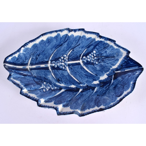 270 - 18th century Bow leaf shaped dish painted in blue with grape vine. 29cm wide.