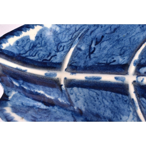 270 - 18th century Bow leaf shaped dish painted in blue with grape vine. 29cm wide.