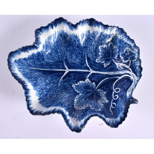 272 - 18th century Bow leaf shaped dish painted in blue with grape vine,with tiny branch handle. 19.5cm wi... 