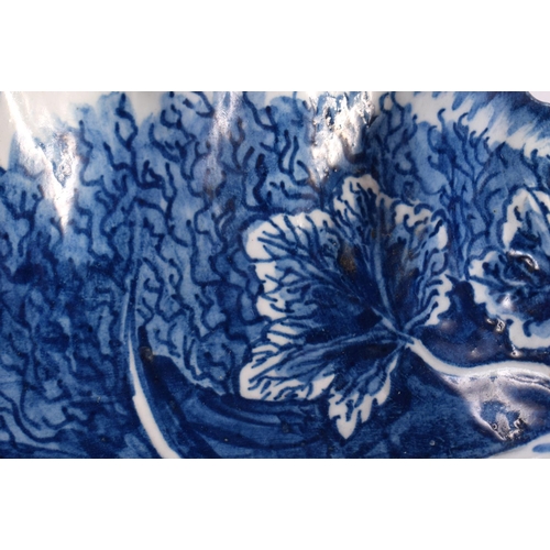 272 - 18th century Bow leaf shaped dish painted in blue with grape vine,with tiny branch handle. 19.5cm wi... 