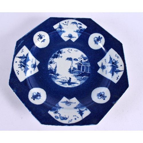 274 - 18th century Bow octagonal plate painted with a central landscape, the border with alternating circl... 