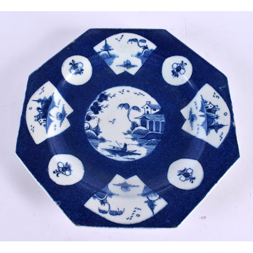 275 - 18th century Bow octagonal plate painted with a central landscape, the border with alternating circl... 