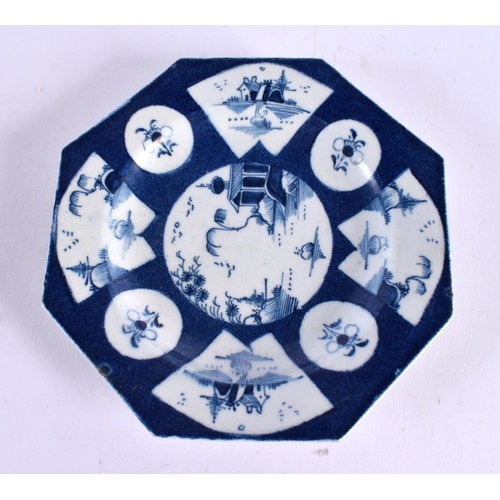 276 - 18th century Bow octagonal plate painted with a central landscape, the border with alternating circl... 