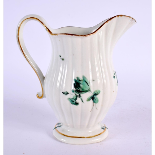 278 - 18th century Chelsea Derby fluted cream jug painted with green roses, gold anchor D marks. 12cm hi... 