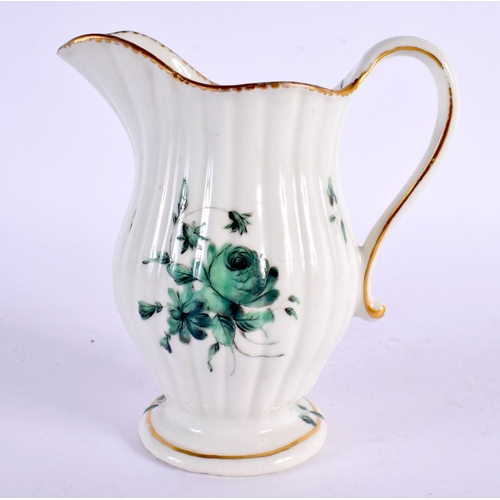 278 - 18th century Chelsea Derby fluted cream jug painted with green roses, gold anchor D marks. 12cm hi... 